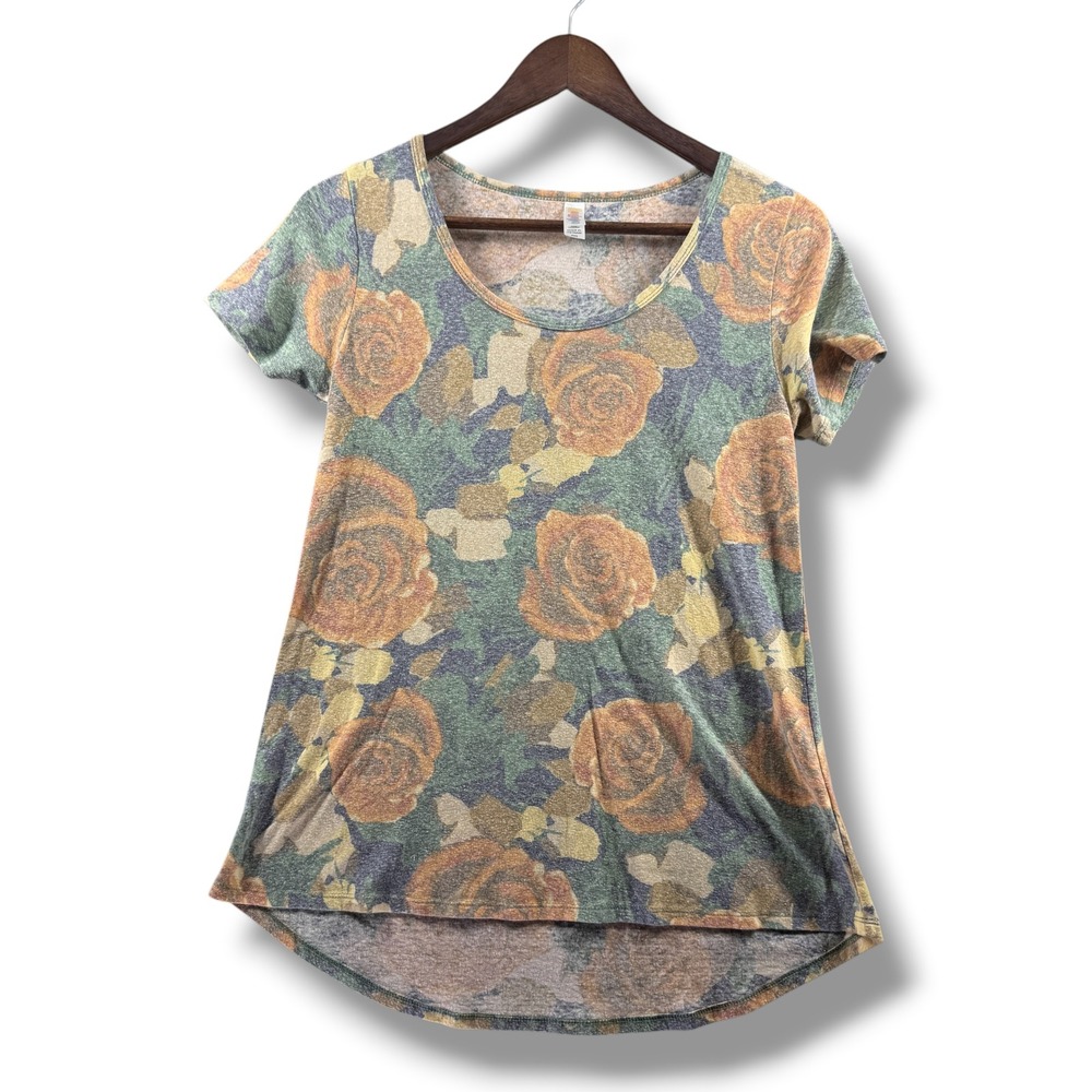 LuLaRoe Classic T XXS Green Orange Floral Rose Print Short Sleeve Scoop Neck Top